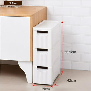 Lozovin Slit Storage Cabinet for Bathroom 7.1″ Slim Narrow Floor Organizer  with Drawers and Tissue Box 3-Tiers Plastic Waterproof Crevice Mobile