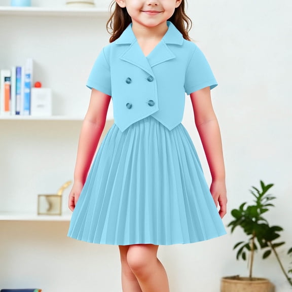 Girls Summer Clothing Set Short Sleeve Double Breasted Collared Blazer with Pleated Skirt 2 Piece School Uniform Party Dress Outfits Light Blue 3-4 Years