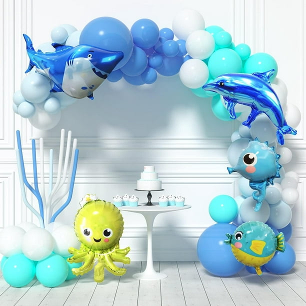 Ocean Theme Balloons And Garland Arch Kit With Shark Bubble Fish Foil  Balloons