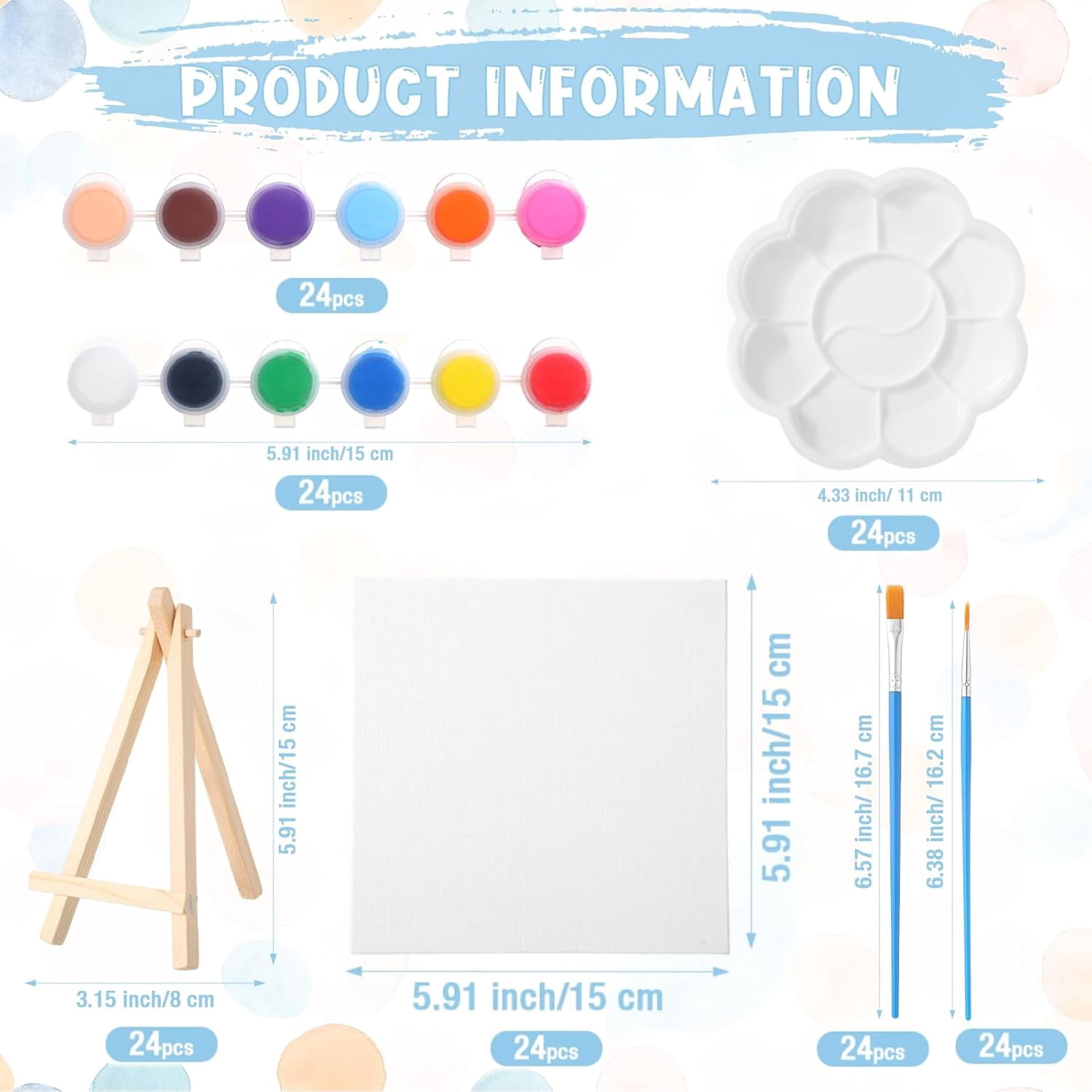 24 Set 6 x 6 Inch Canvas Boards and Easel for Painting, Acrylic Paint Strips, s, Brushes, Canvases Painting Kits for Kids Adults Artists Beginners Oil Acrylic Painting Party Favors
