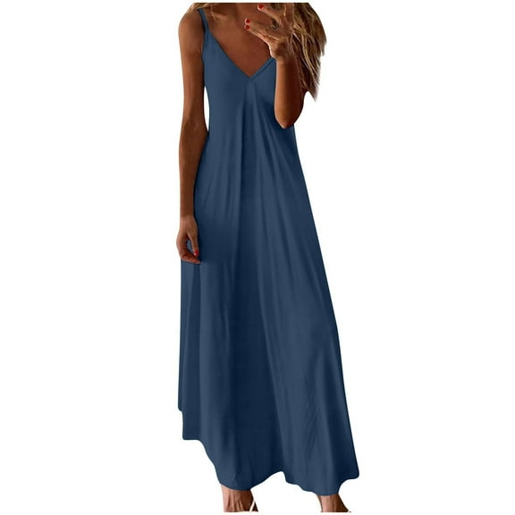 Sevevn Fashion Women's Summer Casual V-Neck Camis Sleeveless Solid Beach Sundresses Boho Dresses