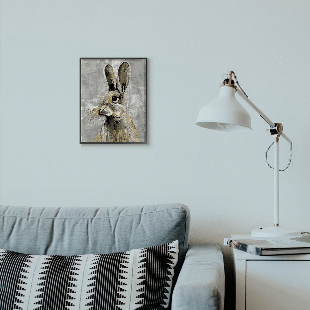 Stupell Industries Rabbit Newspaper Collage Gray Gold Design Framed Wall Art by Main Line Studio