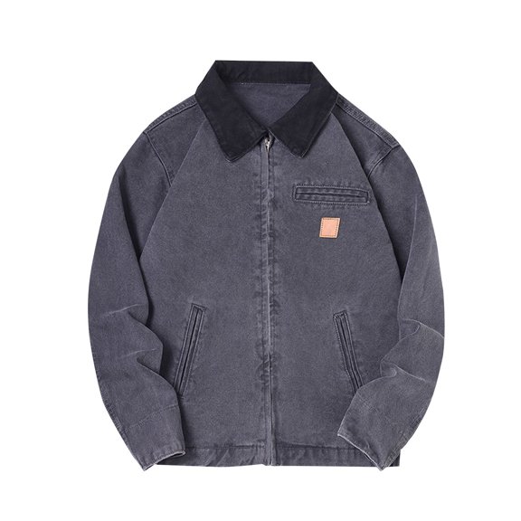 Jerdar Men's Color Contrast Collar Zip Up Denim Jacket Lapel Collar Patch Pockets Leather Label Washed Long Sleeve No Hood Vintage Casual Spring Fall Workwear Outerwear Coat Top