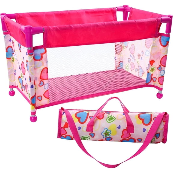 Babeside Foldable Doll Crib & Playpen for 17-21 inch Reborn Babies - Pink Portable Baby Bed with Soft Cloth Body, Gift for Kids