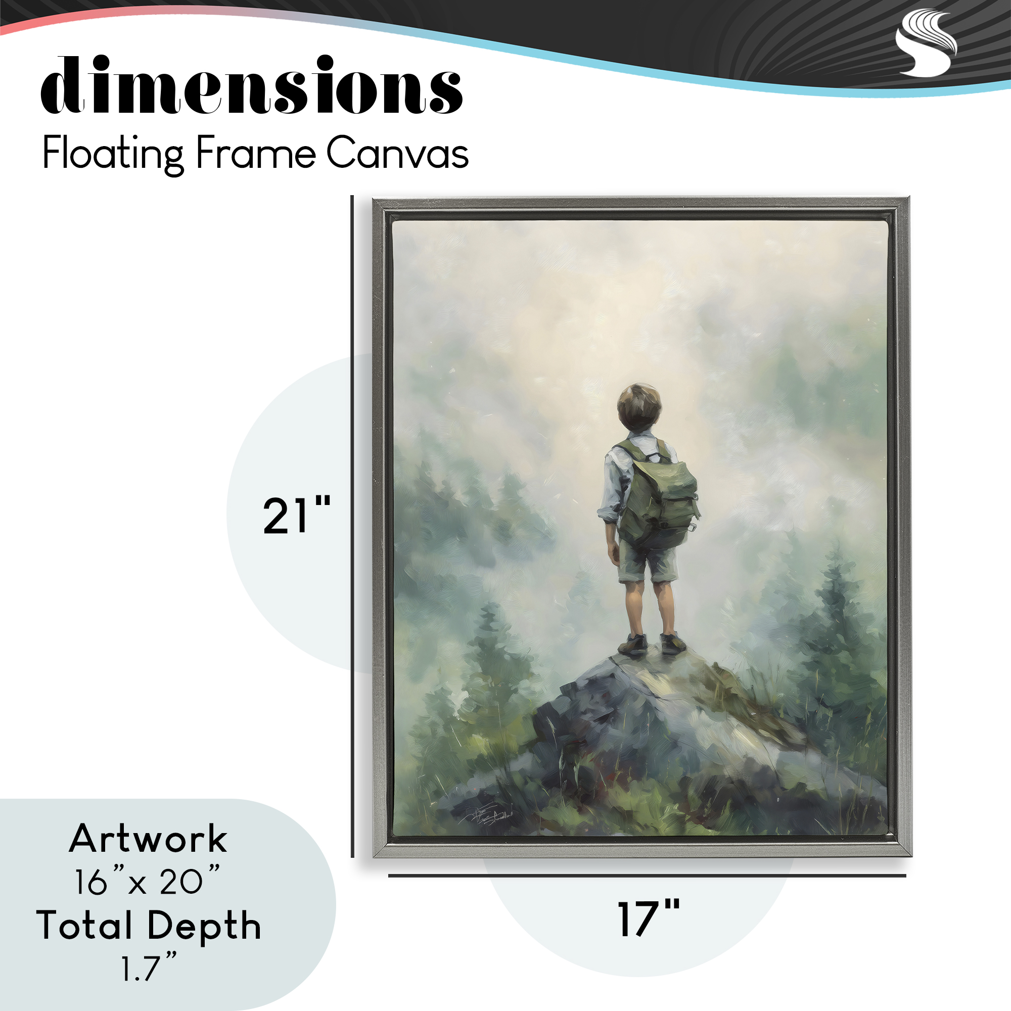 Boy Adventurer Atop Mountain Gray Framed Floater Canvas Wall Art, design by Arlington Prints