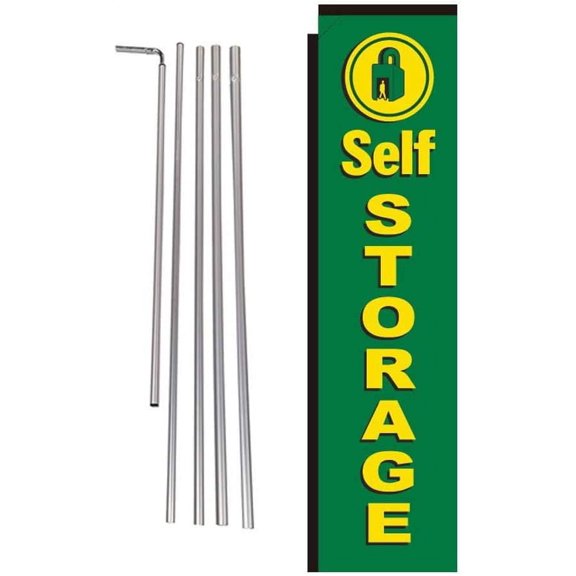 Self Storage Outdoor Rectangle Feather Banner Flag Sign with Pole Kit and Ground Spike, Green and Yellow