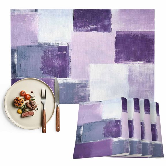 Purple Grey White Placemats Set of 12, Abstract Modern Oil Painting Geometric Washable Wipeable Table Mats for Dining Tables, Indoor Outdoor Kitchen Place Mats for Holiday Party Table Decor