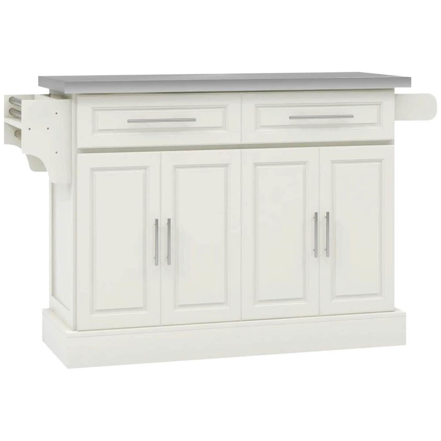 Demi Bonn 57" Rolling Kitchen Island with Stainless Steel Top, 2-Drawer Storage, Spice & Knife Rack, Mobile Island Cart for Cooking & Dining, White