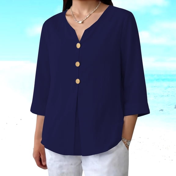 Women's Cotton Linen Tops Casual 3/4 Sleeve Button Down V Neck Blouses Lightweight Breathable Loose Fit Summer Vacation Shirts for Women Blue L