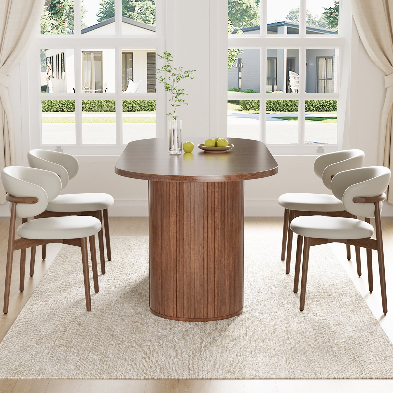 Hommpa 71" Dining Table for 6,Modern Oval Kitchen Table With Wood Strip Base,Long Dining Room Tables for Kitchen Dining Room Living Room,Walnut