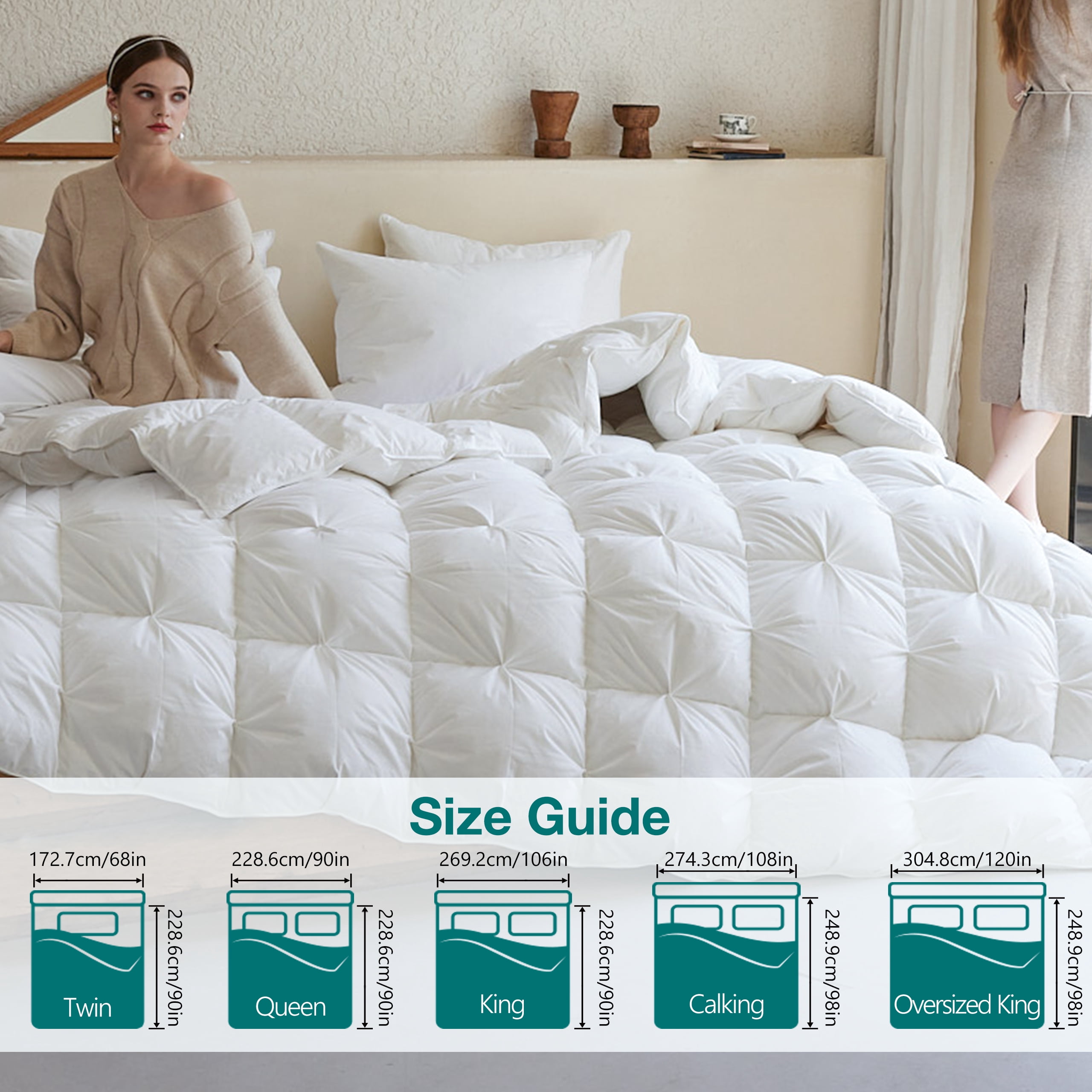 Pinch Pleat Goose Down Comforter All Season-Ultra Soft and Cozy Noiseless Duvet Insert with Egyptian Cotton Cover, Fluffy Warm Comforter
