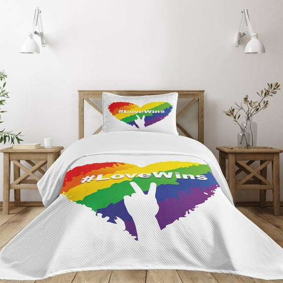 Ambesonne Pride Quilted Bedspread Set 2 Pcs, LGBT Colored Heart, Twin Size, Multicolor