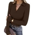 thumbnail image 2 of Womens Long Sleeve Polo Shirts Business Casual Tops Collared V Neck Ribbed Knit Tops Slim Fit Blouses Coffee L, 2 of 5