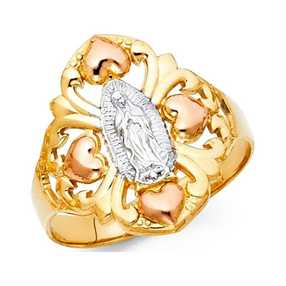 14k Yellow White Rose Gold Lady Guadalupe Heart Ring Virgin Mary Love Band Diamond Cut 9MM, Size 7