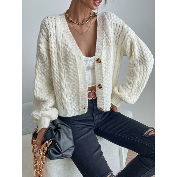 Solid‑Color Cable Knit Single‑Breasted Long‑Sleeve Cardigan Sweater Top for Women