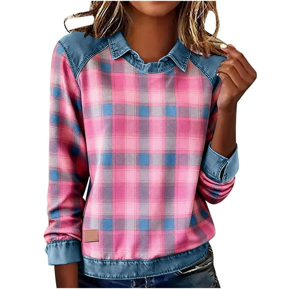 hotojiny Womens Sweatshirt Fall Fashion Clothes Long Sleeve Denim Pullover Vintage Plaid Casual Collared Patchwork Tops