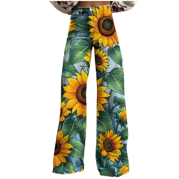 VINUSLI Plus Size Flare Jeans for Curvy Women Loose Fit Wide Leg Denim Pants High Waisted Boho Vintage Print Trousers Green,S