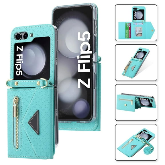 Compatible with Samsung Galaxy Z Flip 5 Wallet Case with Lanyard Strap Leather Crossbody  Shockproof Purse-Blue