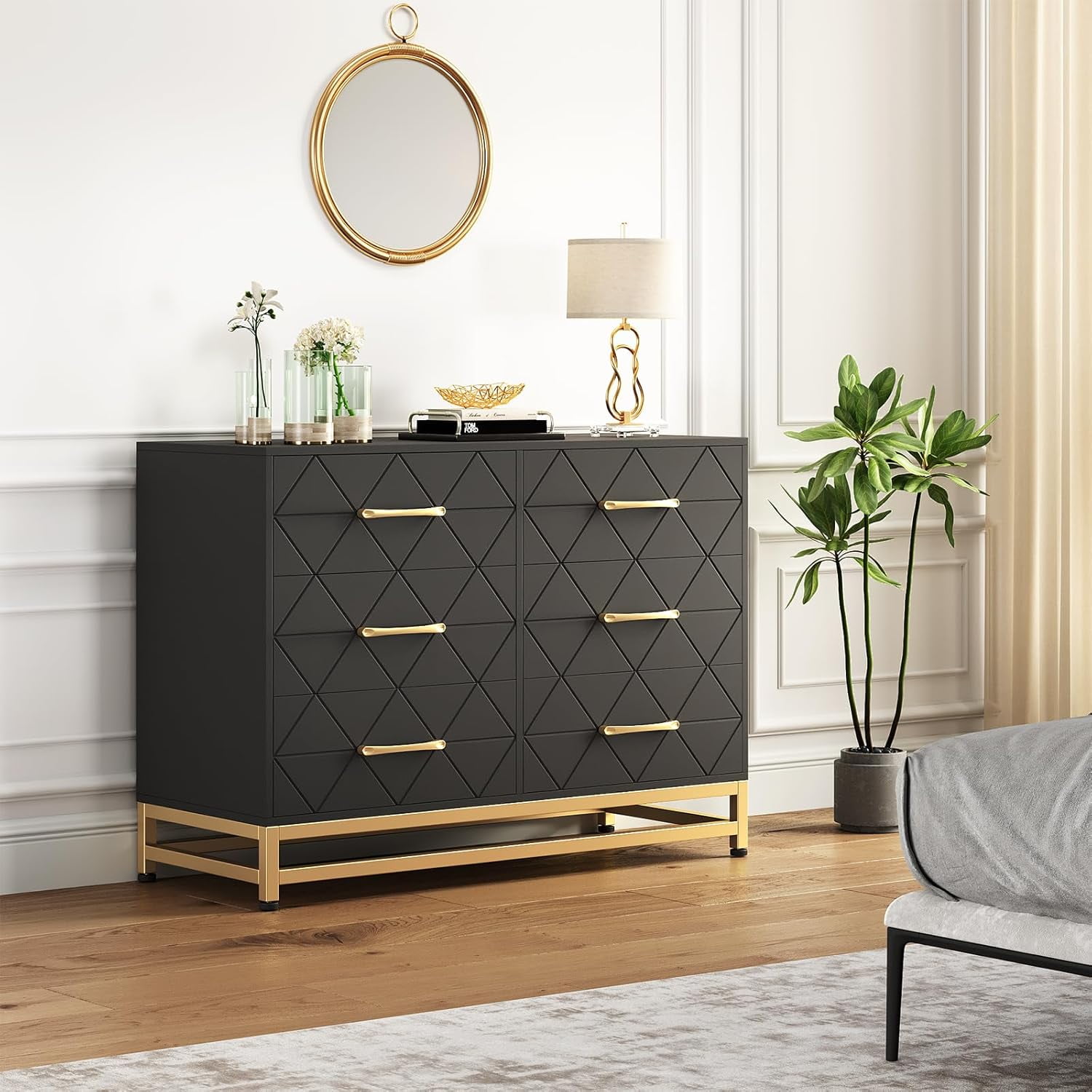 Twister.CK 6 Drawers Double Dresser for Bedroom, Chest of Drawers for Living Room Hallway Entryway, Black