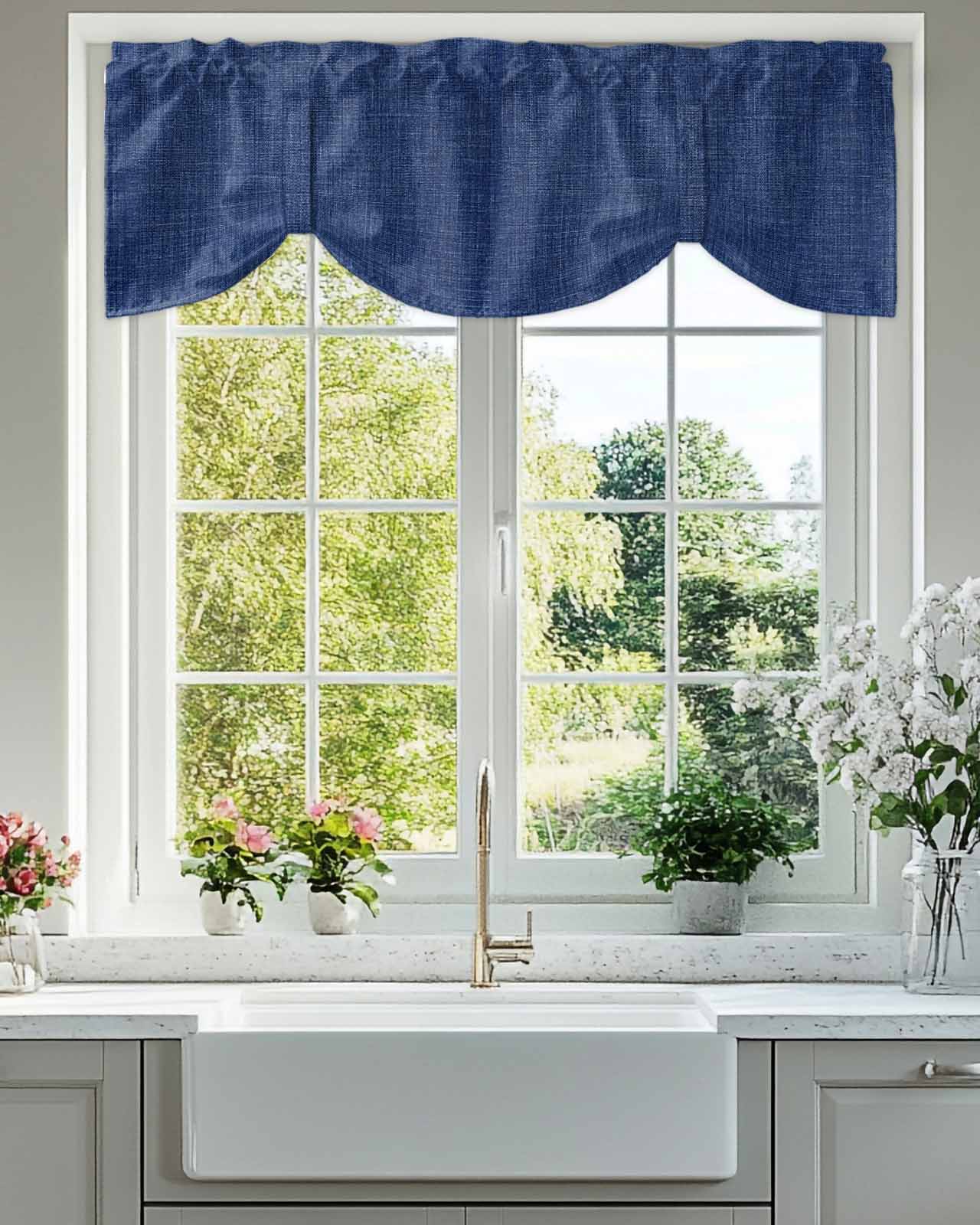 Navy Blue Linen Tie Up Valances Curtain, Adjustable Kitchen Farmhouse Pure Color Country Vintage Valances for Windows Decor, Rod Pocket Short Curtains Set for Bedroom/Bathroom, 54"x18"