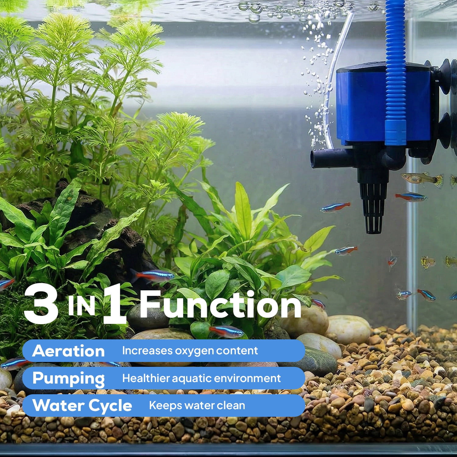 Aquarium Internal Filter Pump 660 GPH, 3-in-1 Water Pump with Oxygenation, Quiet Submersible Filter for Fish Tanks