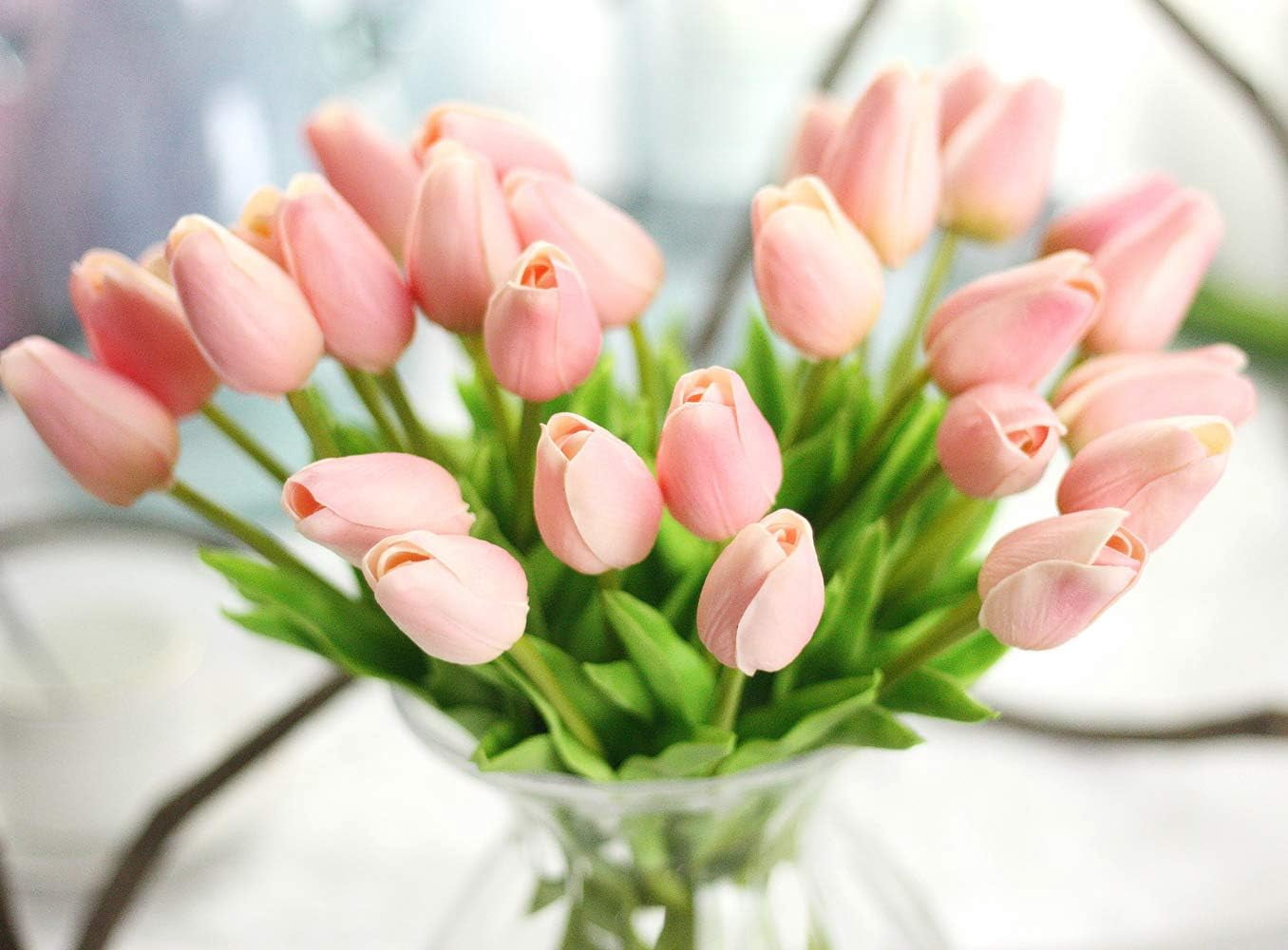 10pcs Artificial Tulips Flowers Real Touch Pink Tulips Fake Holland PU Tulip Bouquet Latex Flowers for Wedding Party Office Home Kitchen Decoration (Dark Pink)