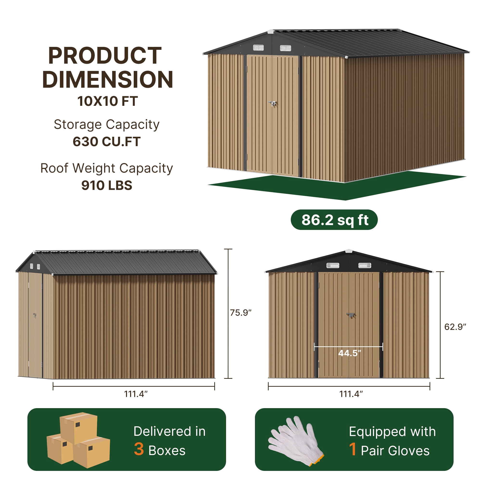 Lofka 10x10 FT Outdoor Storage Shed, Garden Metal Shed with Windproof and Rainproof for Outside, 4 Louvre Vents, Brown