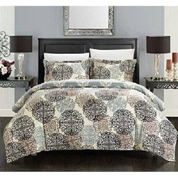 Chic Home 3 Piece Jerome Boho Inspired Reversible Print Duvet Set, Queen, Beige