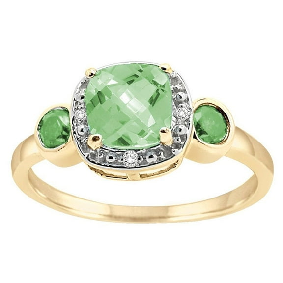 0.02 Carat Cushion Cut Green Amethyst and Diamond Ring in 10K Yellow Gold