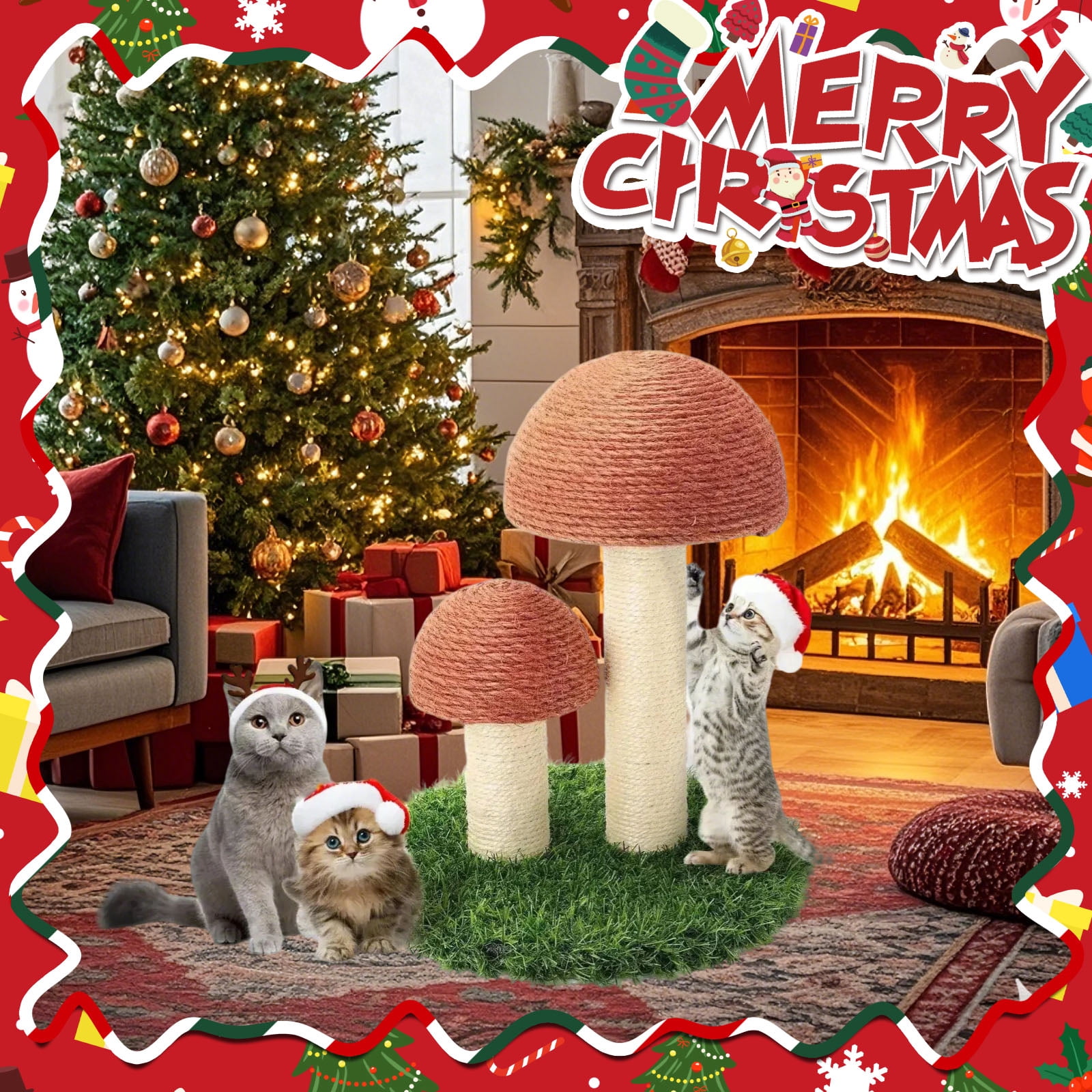ShellKingdom 16.5'' Cat Scratching Post, Natural Sisal Claw Scratchers for Kittens Small Cats Mushrooms Cat Interactive Toys, Brown