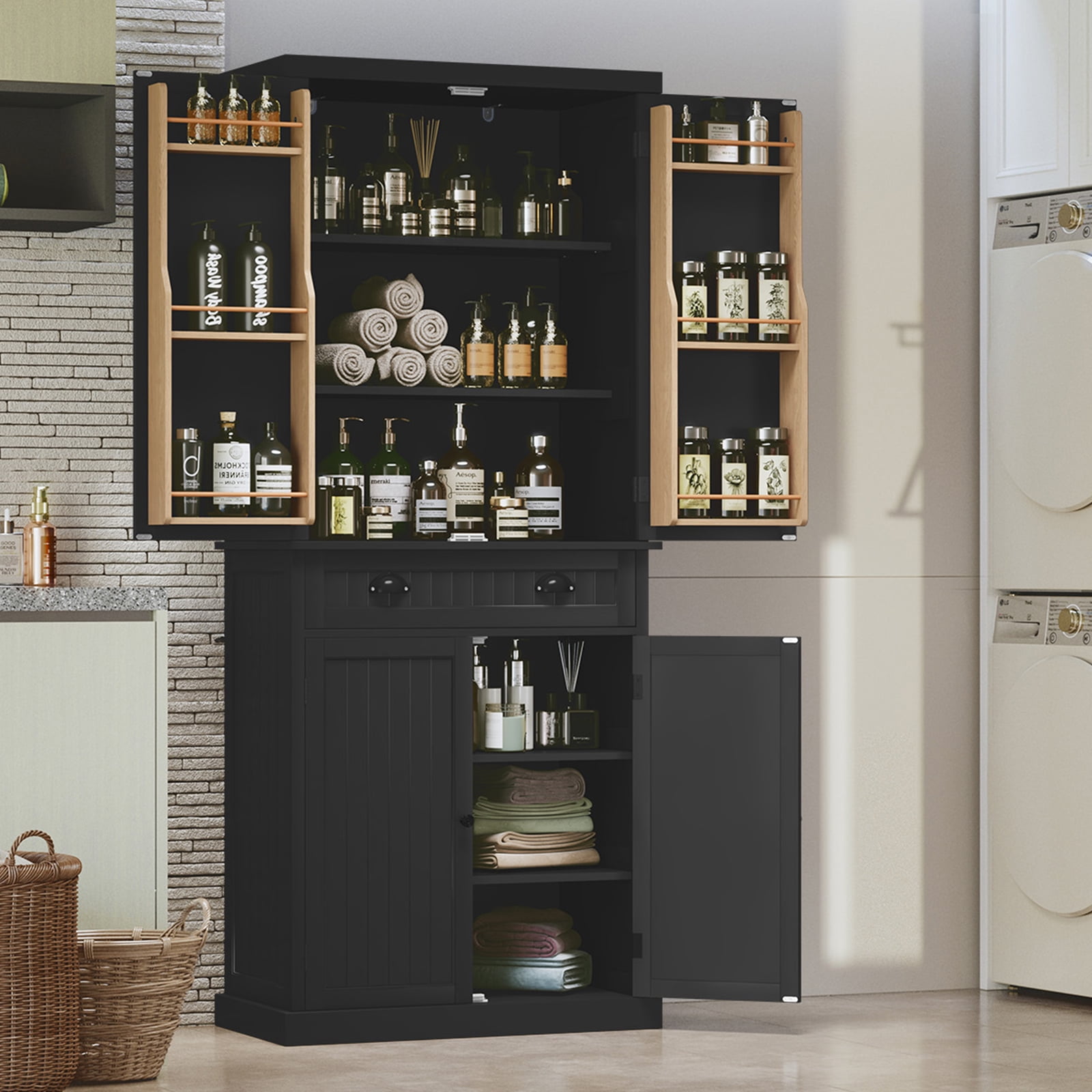HLR 72" Utility Pantry Storage Cabinet, Tall Cupboard with Door Shelves and Drawer for Kitchen, Black
