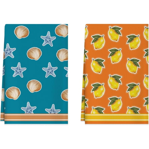 Lemon Starfish Seashells Summer Kitchen Towels Dish Towels 18x26 Inch Home Decorations Hand Towels Set of 2 Drying Dishcloth