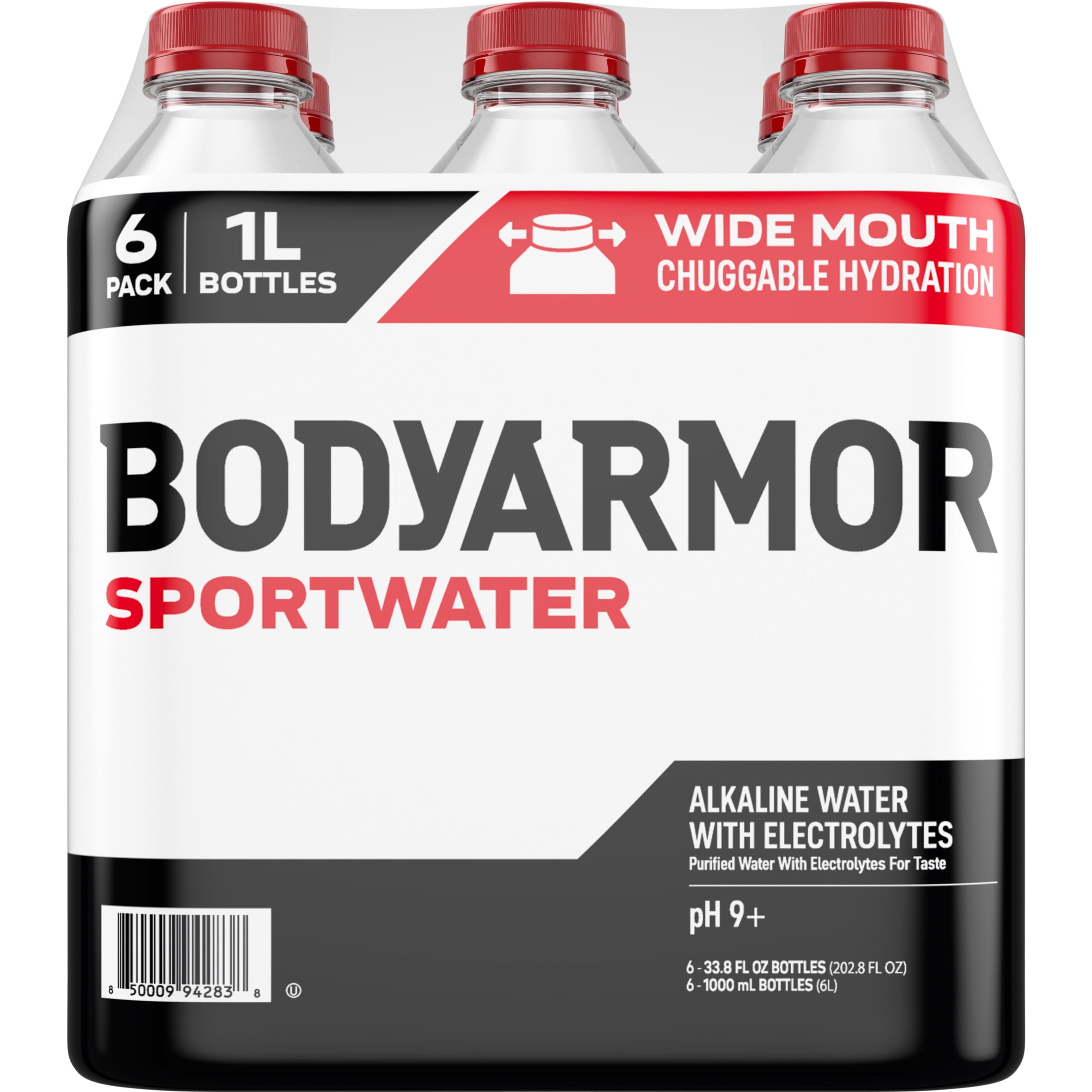 BODYARMOR SportWater Electrolyte Sports Drink Bottles, 1 Liter, 6 Pack