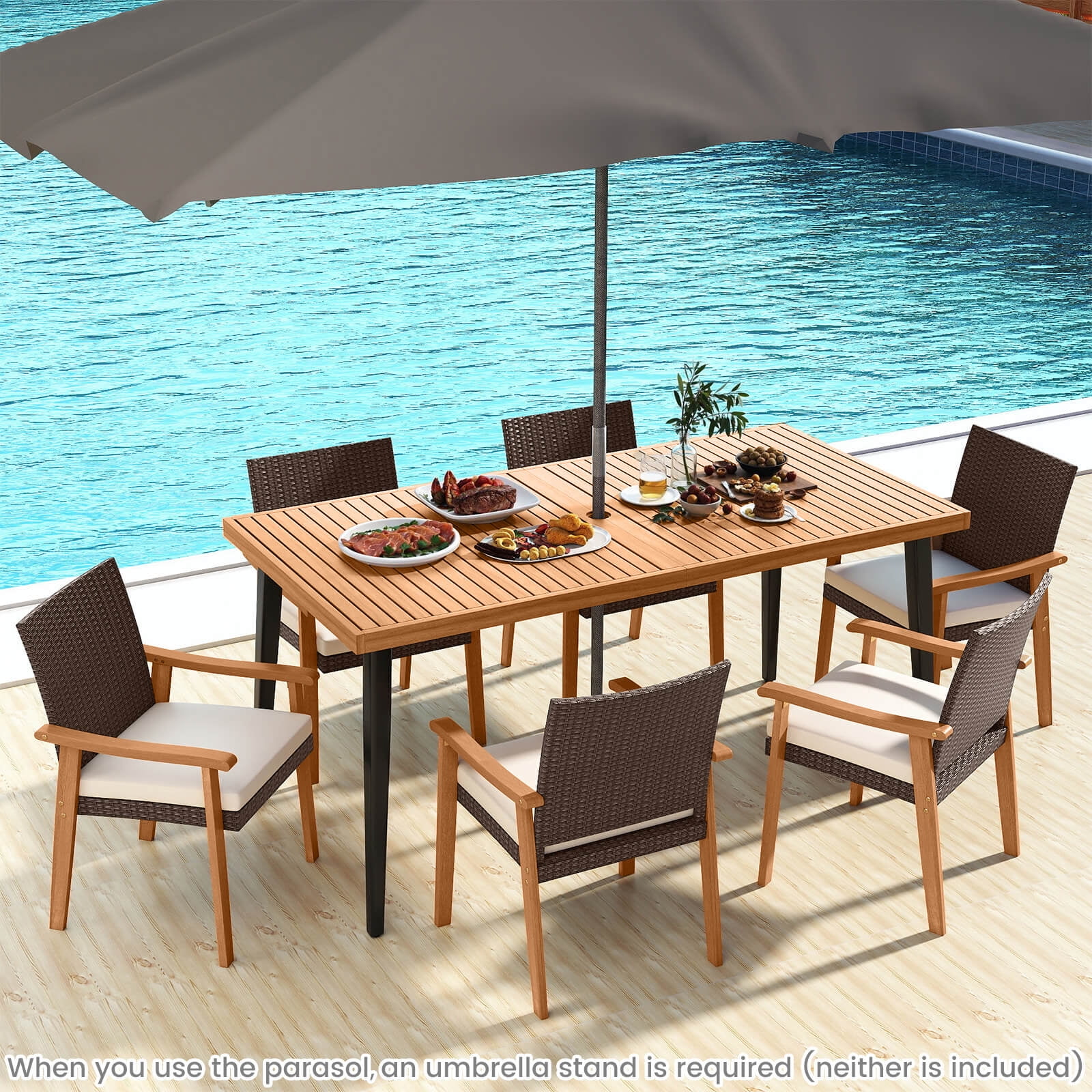 Costway Patio Dining Chair Set of 2 with Cushion Wood Armrests Metal Frame for Garden