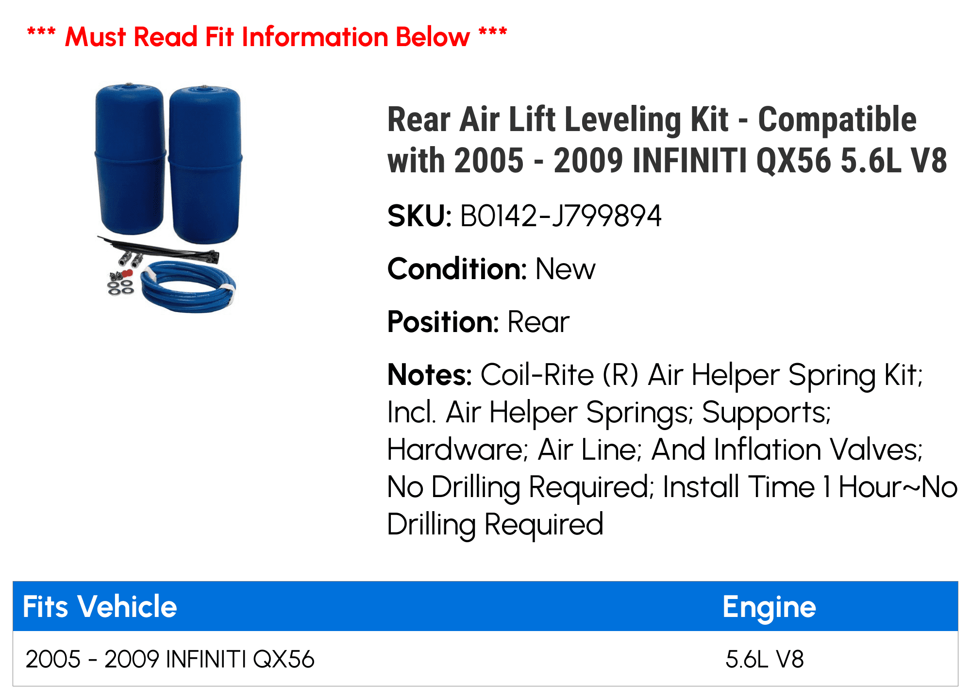 Rear Air Lift Leveling Kit - Compatible with 2005 - 2009 INFINITI QX56 5.6L V8 2006 2007 2008