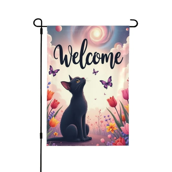 Welcome Spring Garden Flag With Black Cat & Butterflies, Double Sided 12x18 Inch Outdoor Yard Decor, Floral, Seasonal, Farmhouse, House Flag