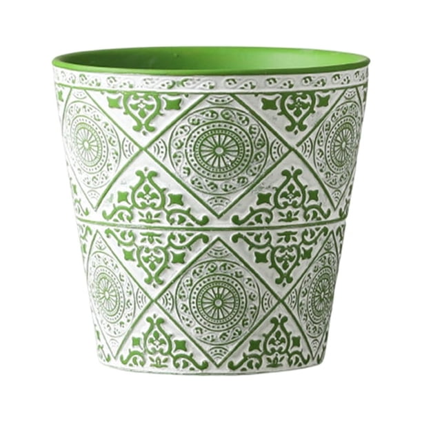 Kearding Maceta de cerámica para flores, maceta, superficie esmaltada redonda, patrón en relieve para exteriores, decoración de jardín y Jardín y Patio Verde