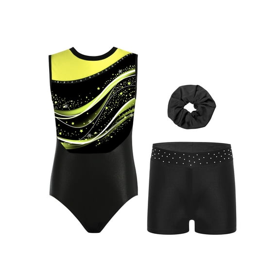 Miutii Gymnastics Leotards for Girls with Shorts Kids Sleeveless Dance Bodysuit Biketards with Hairband Tumbling Outfit Fluorescent Yellow 6