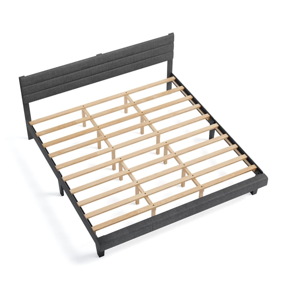 Dark Gray King Size Tufted Platform Bed Frame, Linen Upholstery, Stripe Headboard, Padded
