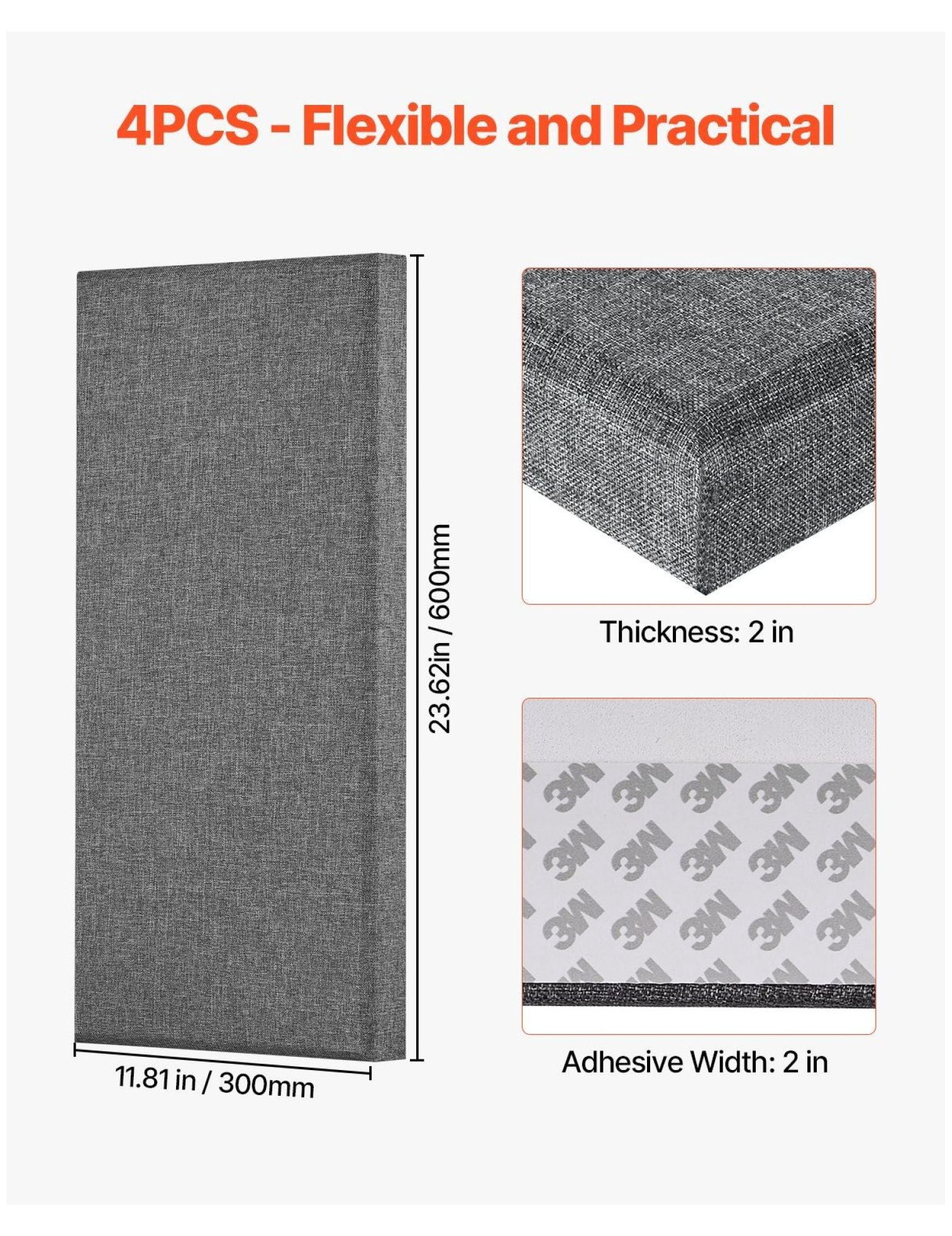 Acoustic Panels 4-Pack, 2 inch Thick Sound Absorbing Panels, Self-Adhesive Soundproof Wall Boards for Studio, Office, Home Theater - Gray