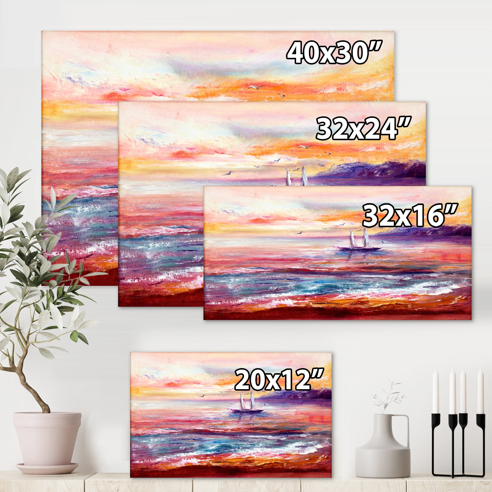 Designart ' Boat On The Ocean During VIbrant Sunset Glow ' Nautical & Coastal Canvas Wall Art Print