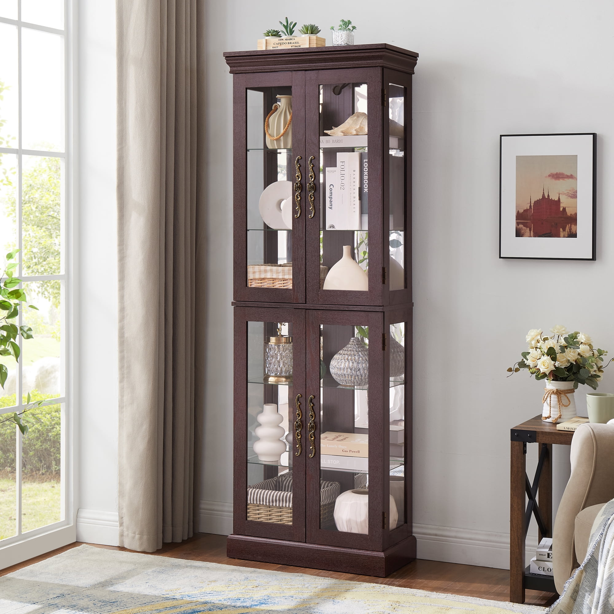 Leumius Lighted Glass Curio Display Cabinet, Wood Frame 4 Glass Doors Storage Cabinet with Included Bulb, Glass Wine Cabinet Collectibles Toy Display Case for Living Room, Kitchen, Pantry,Cherry
