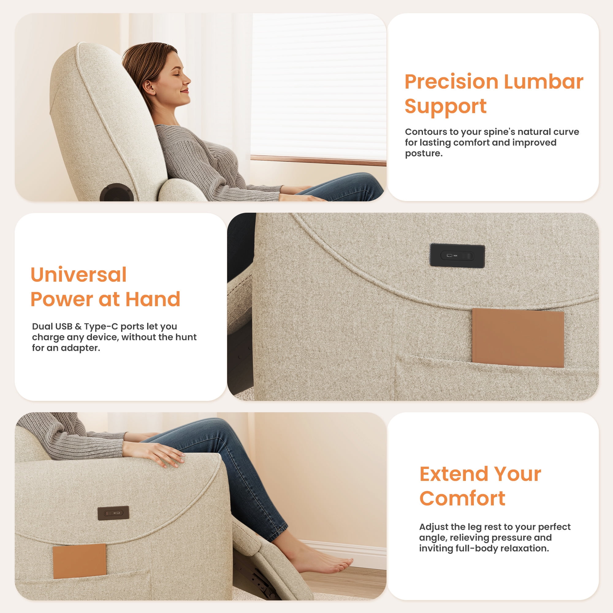 SERWALL Nursery Rocking Chair with 270° Swivel, Swiverl Glider Rocking Chair with USB-C Port & Speaker, Beige