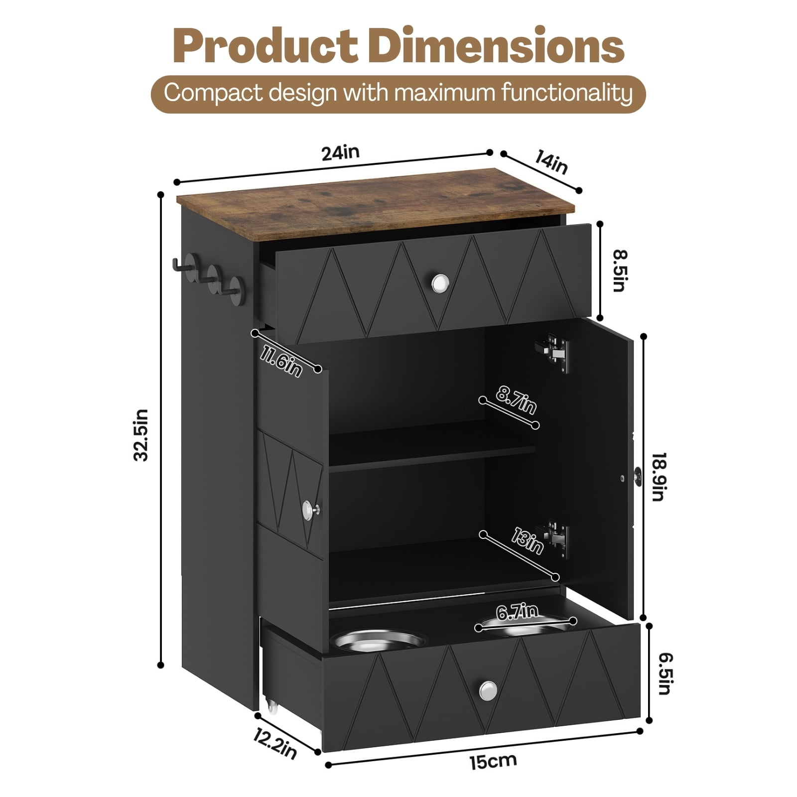 Advwin Pet Feeding Station Furniture with 2 Elevated Dog Bowls, Dog Food Storage Cabinet with Drawer, Adjustable Shelves & Hooks, Black