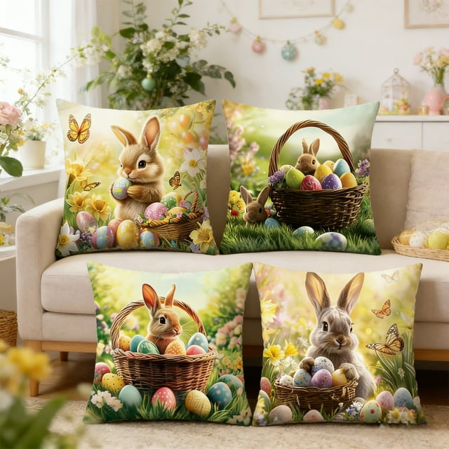 Juego de 4 fundas de almohada de Pascua | Fundas de cojín decorativas de 45 x 45 cm con estampados de conejos y huevos para sofá, decoración del hogar