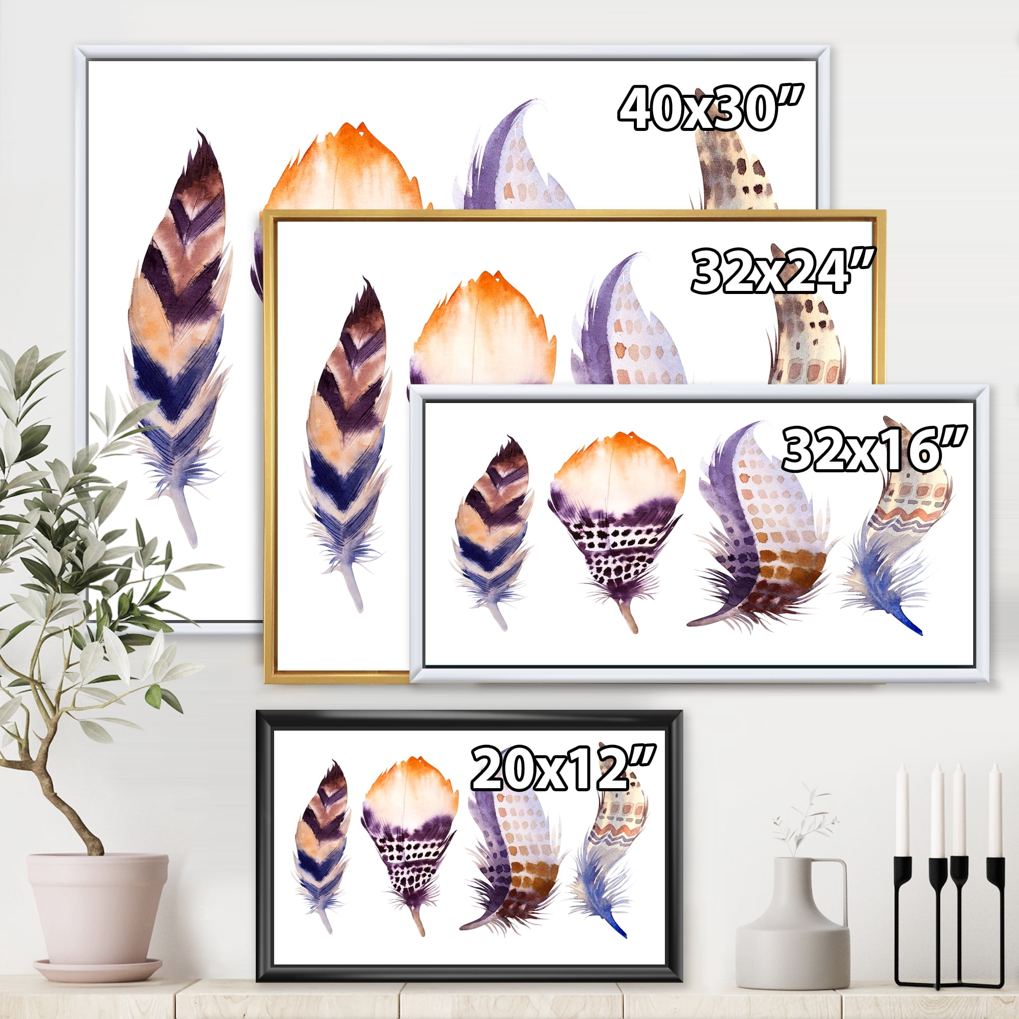 Designart 'Purple Boho Art Feathers' Bohemian & Eclectic Framed Canvas Wall Art Print