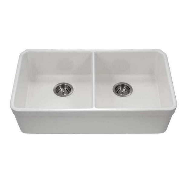 Houzer Platus Fireclay Apron Front 32" Double Bowl Kitchen Sink in White with 50/50 Basin Split