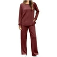 thumbnail image 2 of Sevevn Women Fashion Solid Color Round Neck Long Sleeve Side Split Pants Set Wine S Rollbacks, 2 of 8