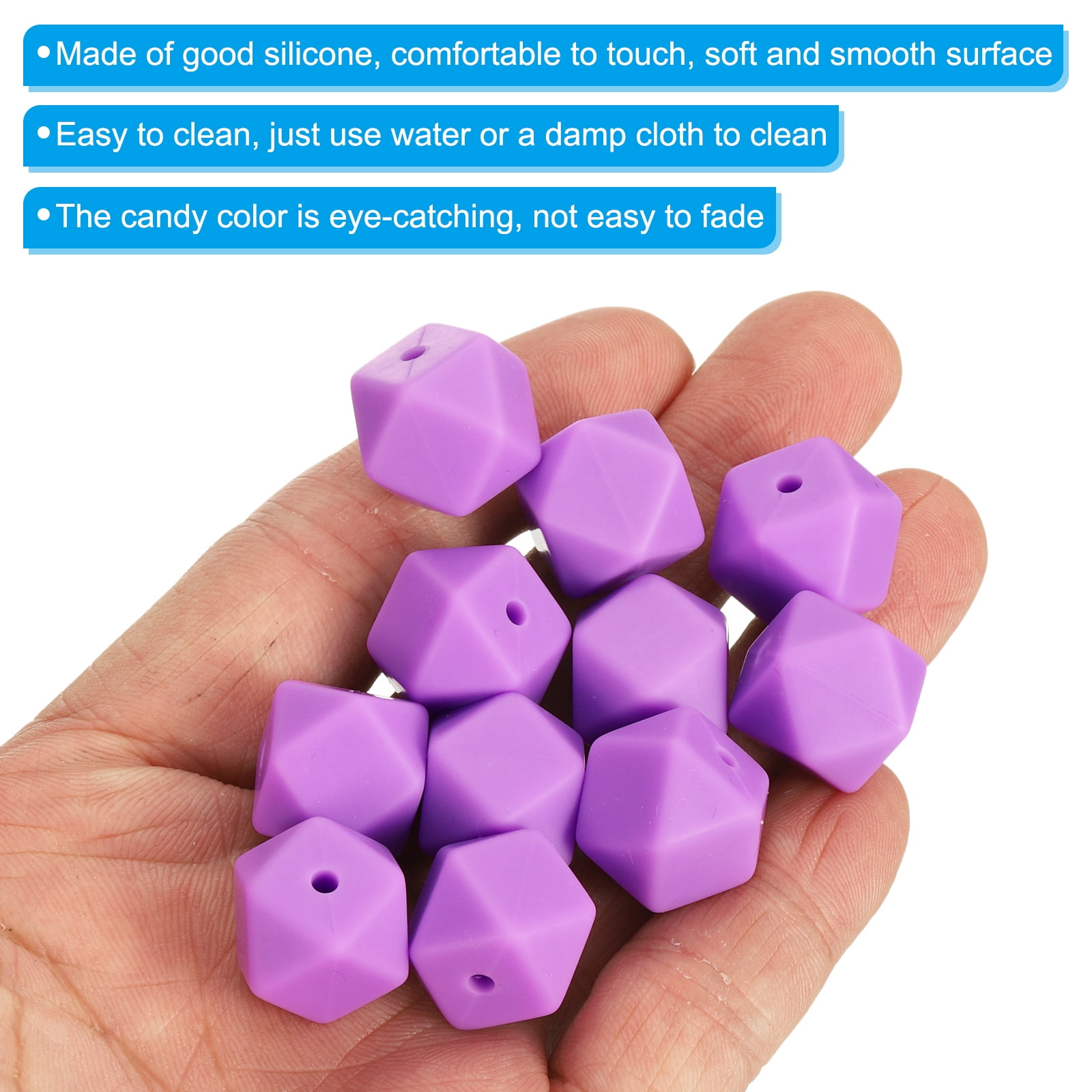Uxcell 17 mm Hexagonal Silicone Beads, Polygonal Beads Bulk, Purple 50Pcs