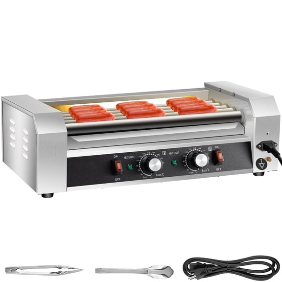 KFFKFF Hot Dog Roller, 12 Hot Dog Capacity 5 Rollers, 750W Stainless Steel Cook Warmer Machine with Dual Temp Control, LED Light and Detachable Drip Tray, Sausage Grill Cooker for Kitchen Restaurant